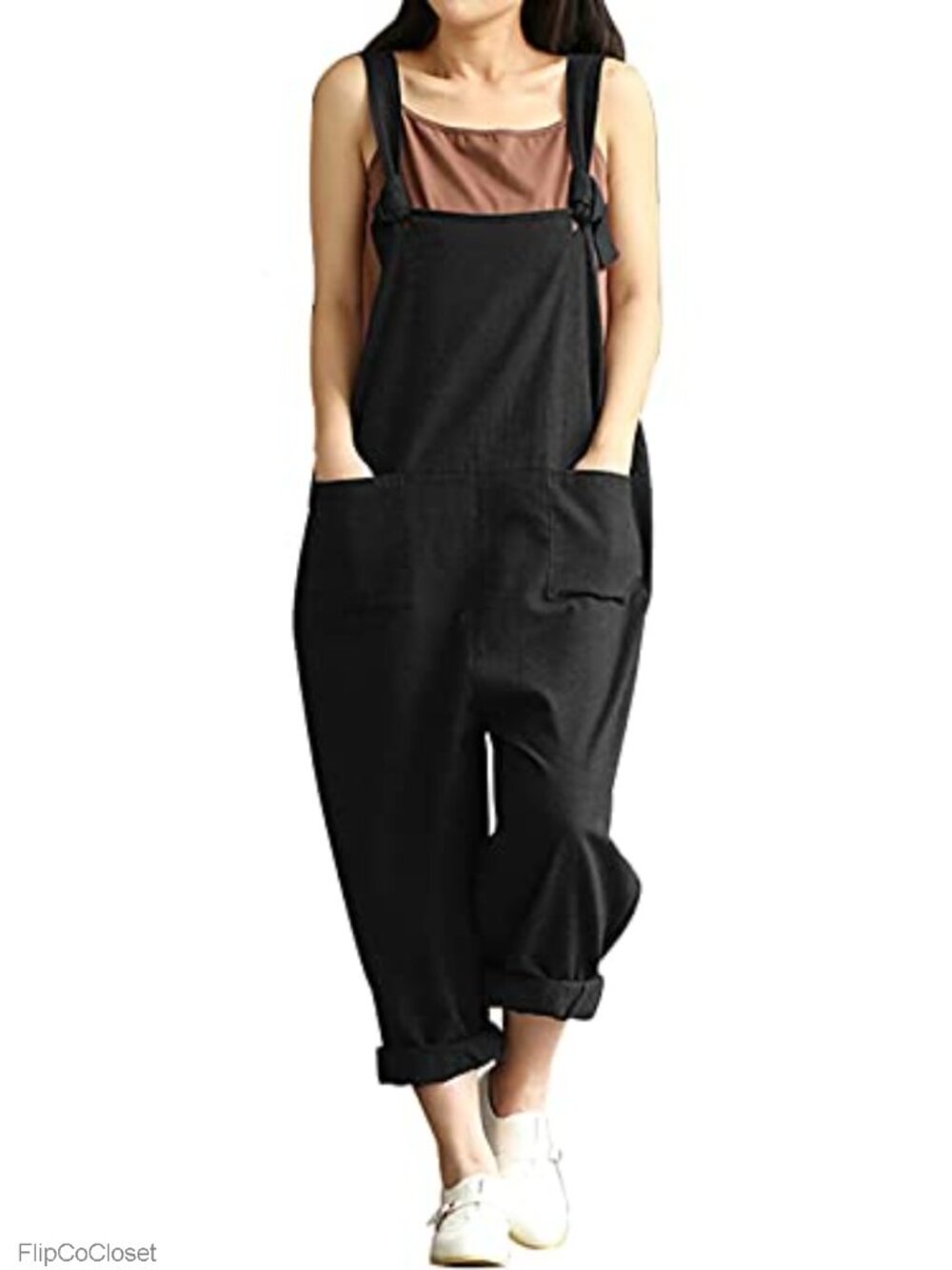 Linen Blend Wide Leg Overalls Jumpsuit Romper Plus Size